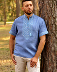 Embroidered short sleeve linen blue shirt