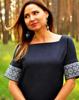 Elegant dark blue Ukrainian-style dress with straight silhouette