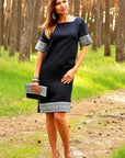 Dark blue linen straight-cut embroidered dress with Rhombus ornament