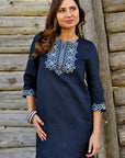 Dark blue Ukrainian-style mini dress with symbolic Alatyr embroidery