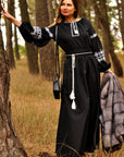 Black cotton evening maxi dress with white and gray embroidery