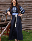 Dark blue linen embroidered maxi dress with Alatyr ornament