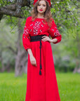 Red linen embroidered maxi dress with black and white geometric ornament