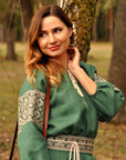 Dark green linen embroidered maxi dress with beige and brown ornament