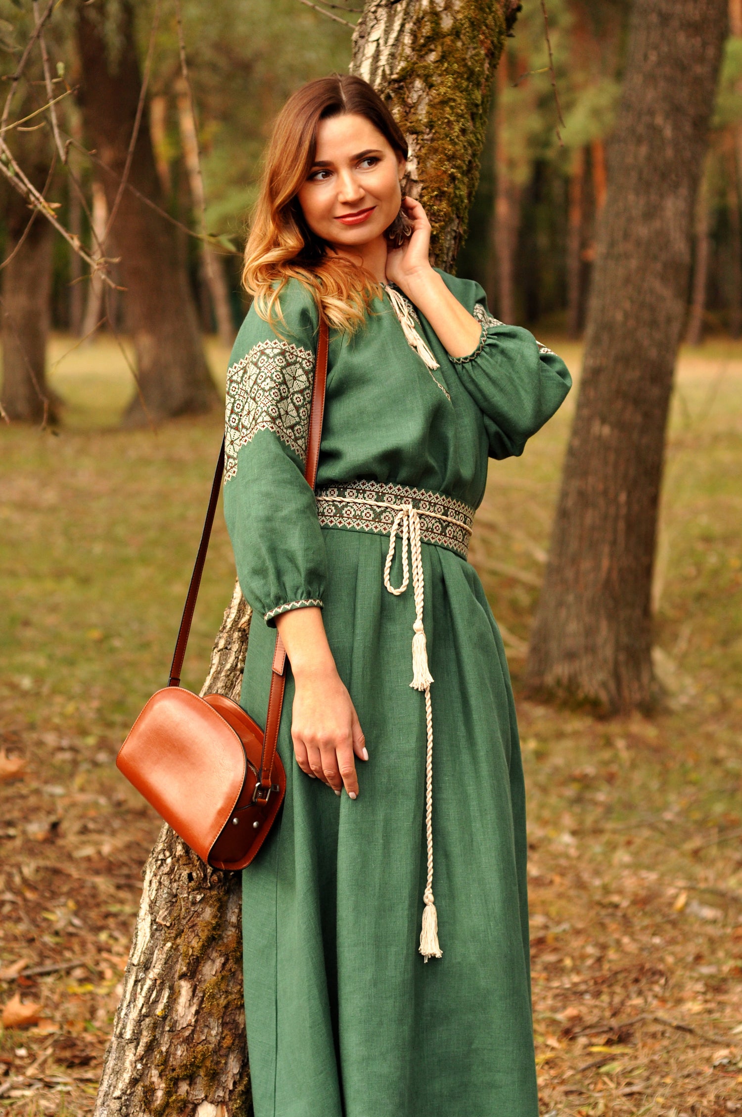 Dark Green Linen Embroidered Maxi Dress