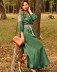 Elegant emerald green Ukrainian-style maxi dress with Rhombus embroidery
