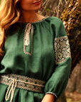 Dark Green Linen Embroidered Maxi Dress with Embroidered Belt