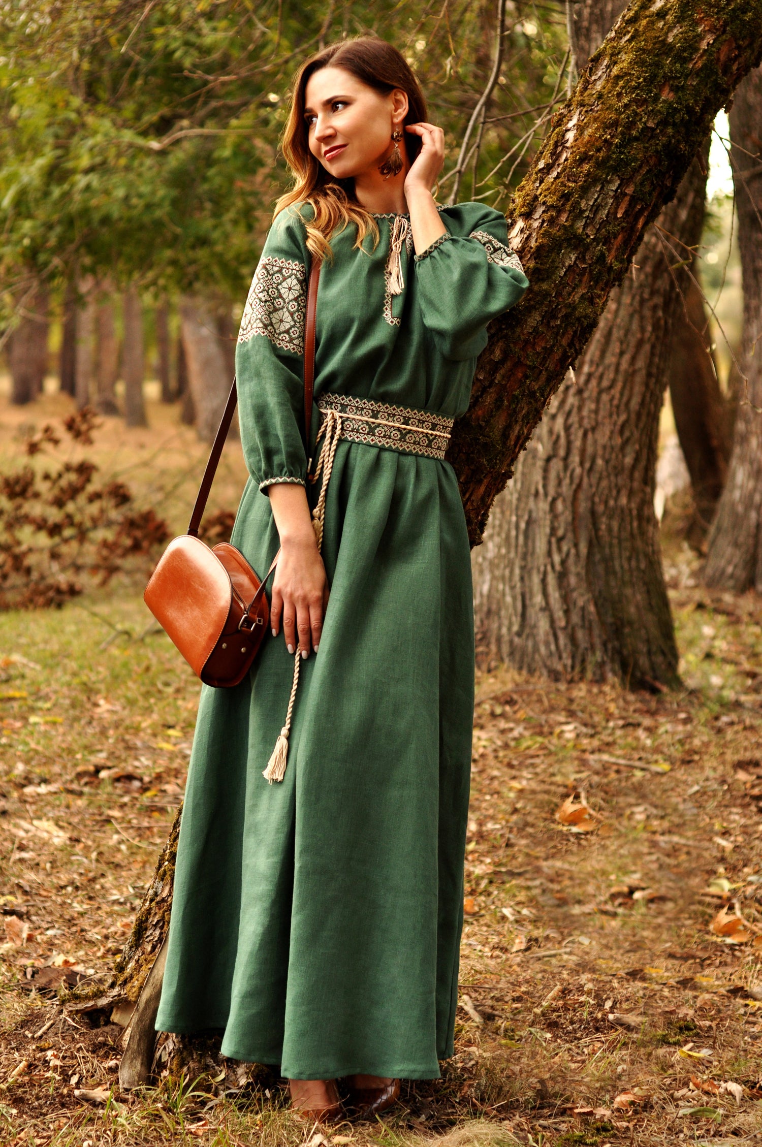 Dark Green Linen Embroidered Maxi Dress