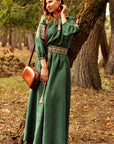 Women’s green embroidered maxi dress with stitched embroidered belt