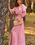Powder pink linen embroidered maxi dress with beige and cocoa ornament
