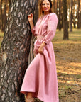 Elegant powder pink Ukrainian-style maxi dress with Rhombus embroidery
