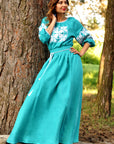 Sea wave linen embroidered maxi dress with white floral ornament
