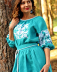 Women’s sea wave embroidered linen dress with 3/4 sleeves