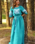Elegant sea wave Ukrainian-style maxi dress with volumetric floral embroidery