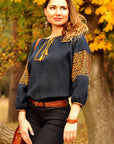 Dark blue linen women’s vyshyvanka with bronze geometric embroidery