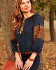 Women’s dark blue embroidered blouse in natural linen with 3/4 sleeves