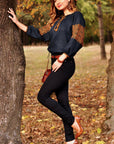 Dark blue Ukrainian-style linen blouse with bronze ornament