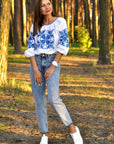 White Linen Women’s Vyshyvanka with Blue Floral Embroidery