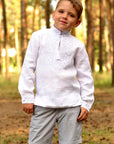 Boys’ festive white linen vyshyvanka with elegant silver-toned embroidery