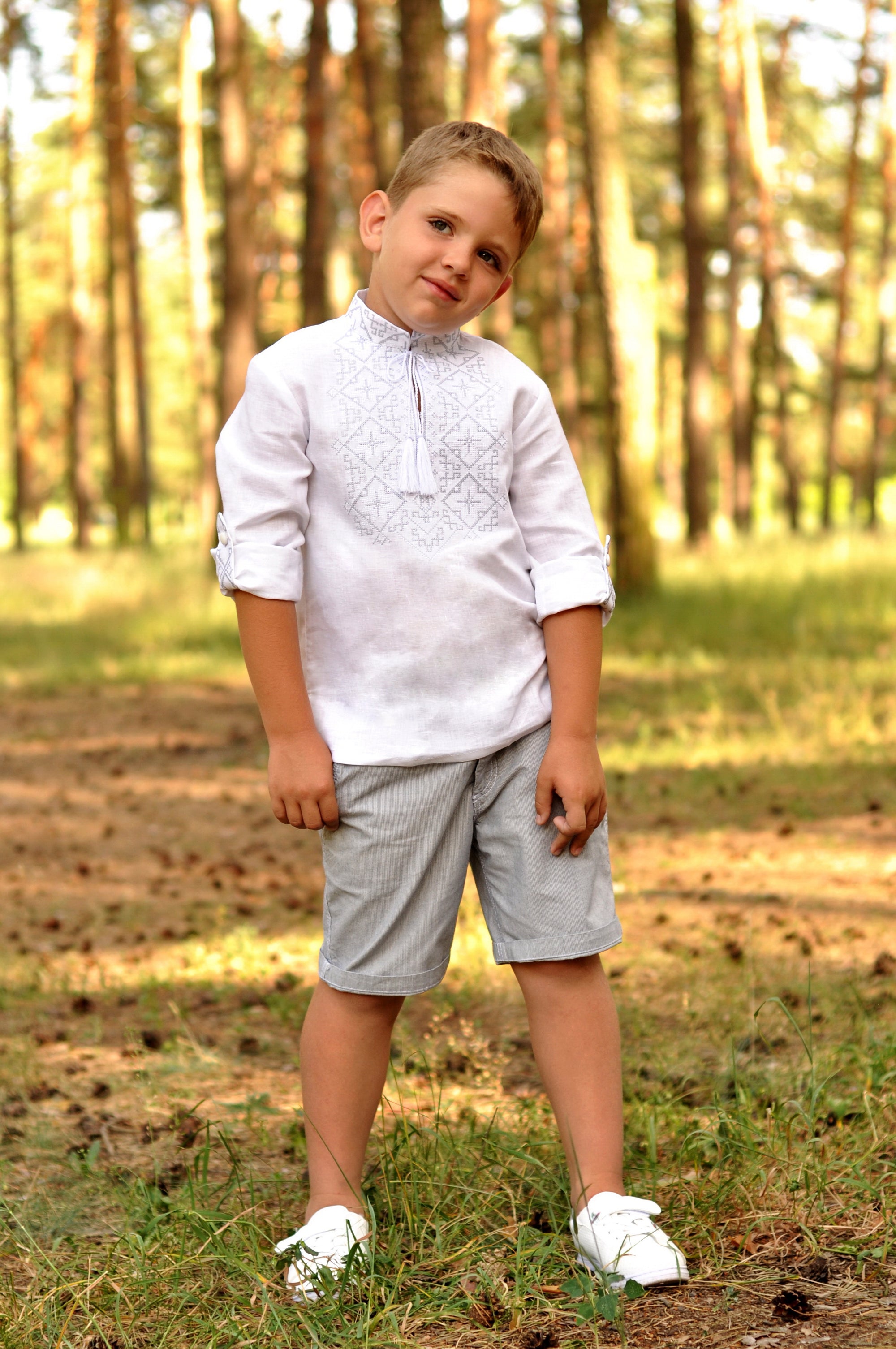 Boys’ white embroidered linen shirt with stand collar and geometric ornament