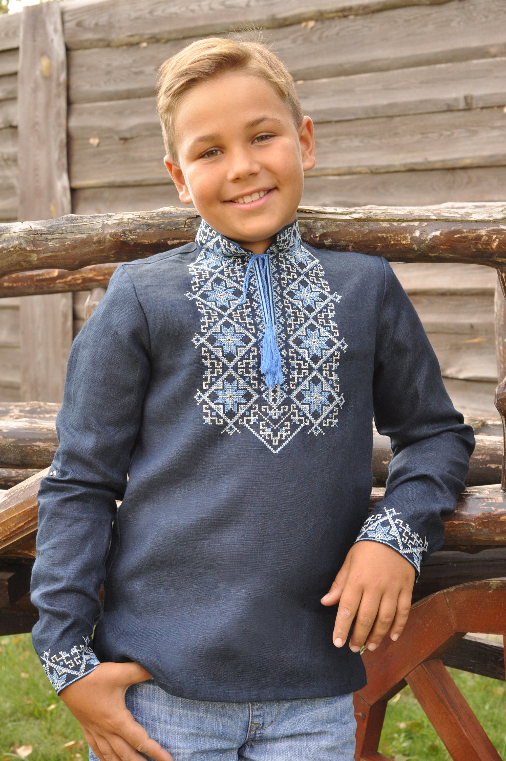 Navy linen boys’ vyshyvanka with light blue and milky geometric embroidery