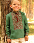 Green boys’ Ukrainian-style embroidered shirt with long sleeves and brown embroidery