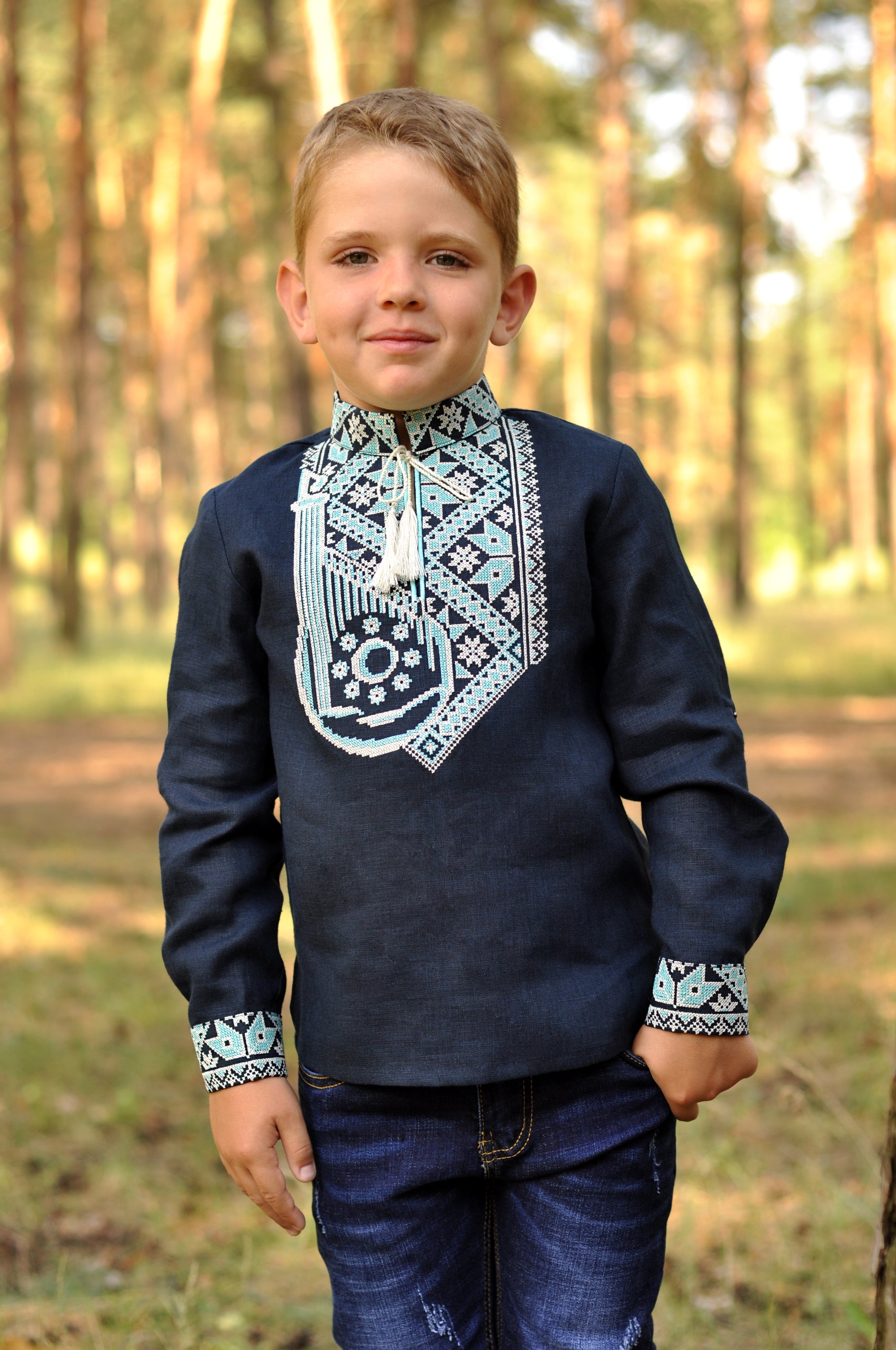 Navy boys’ festive shirt with stand collar and detailed cultural embroidery