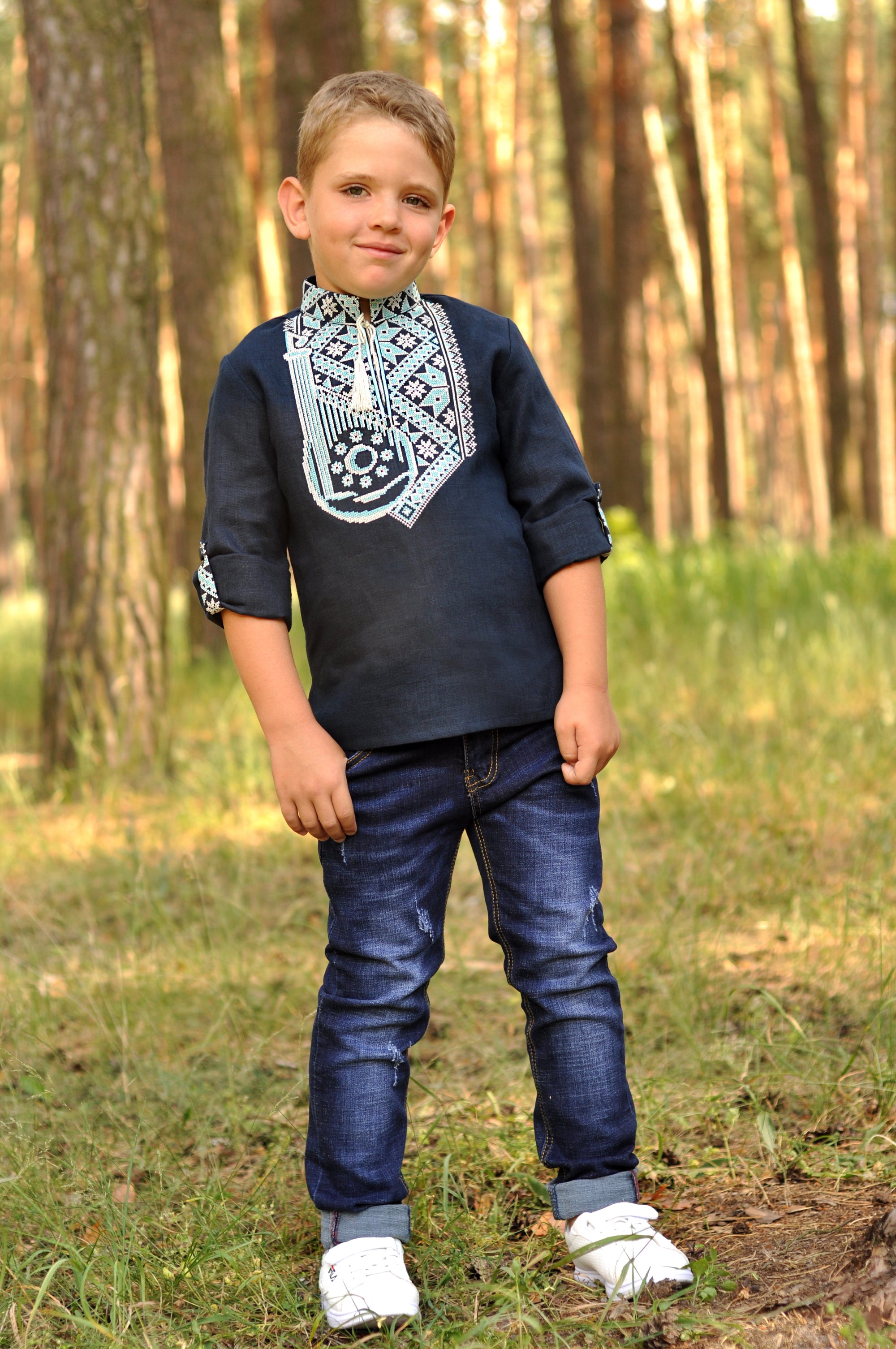 Exclusive boys’ Ukrainian-style vyshyvanka with bandura-inspired embroidery