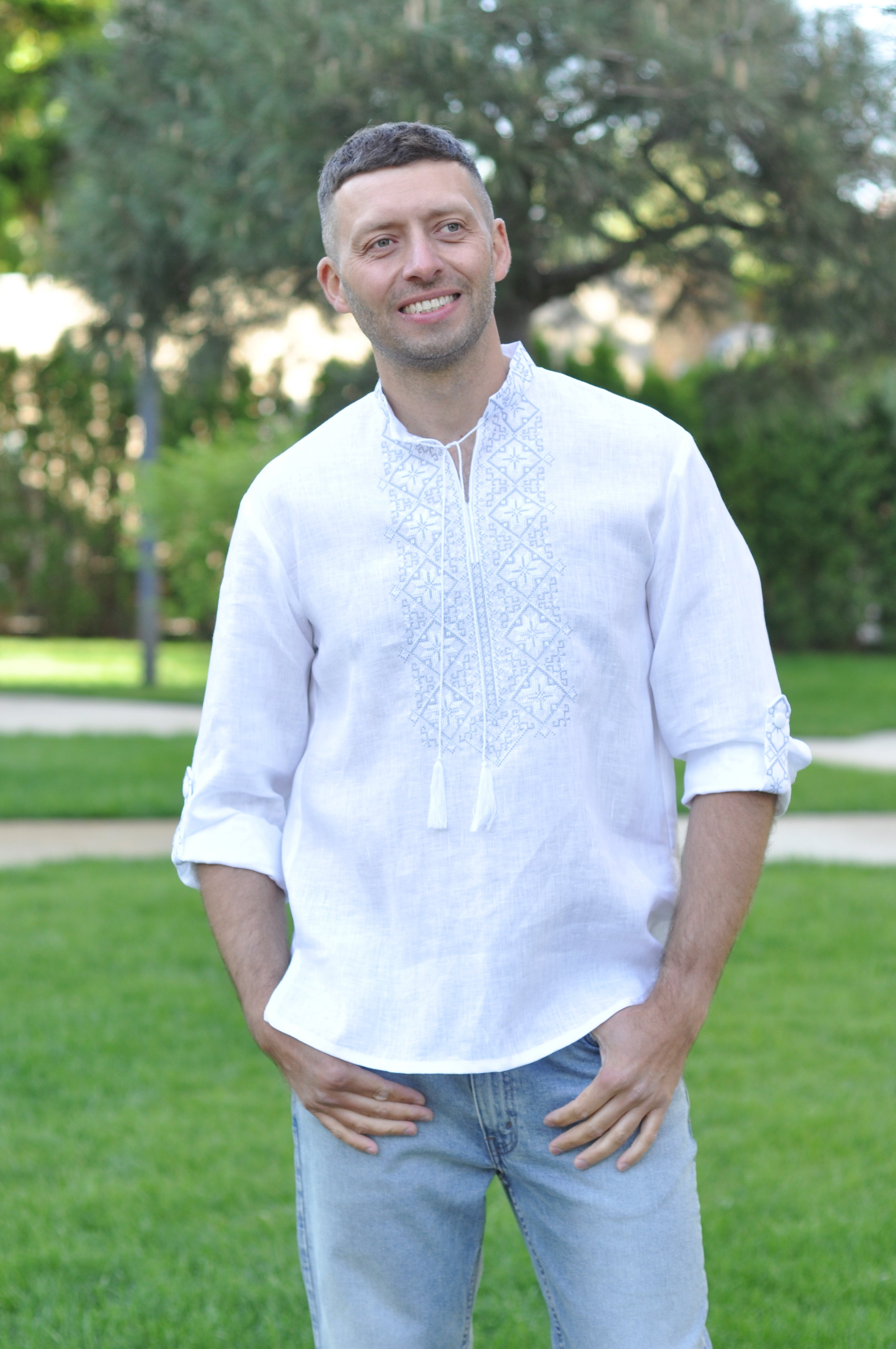 White Mens Vyshyvanka Ukrainian Embroidered Long Sleeve Shirt