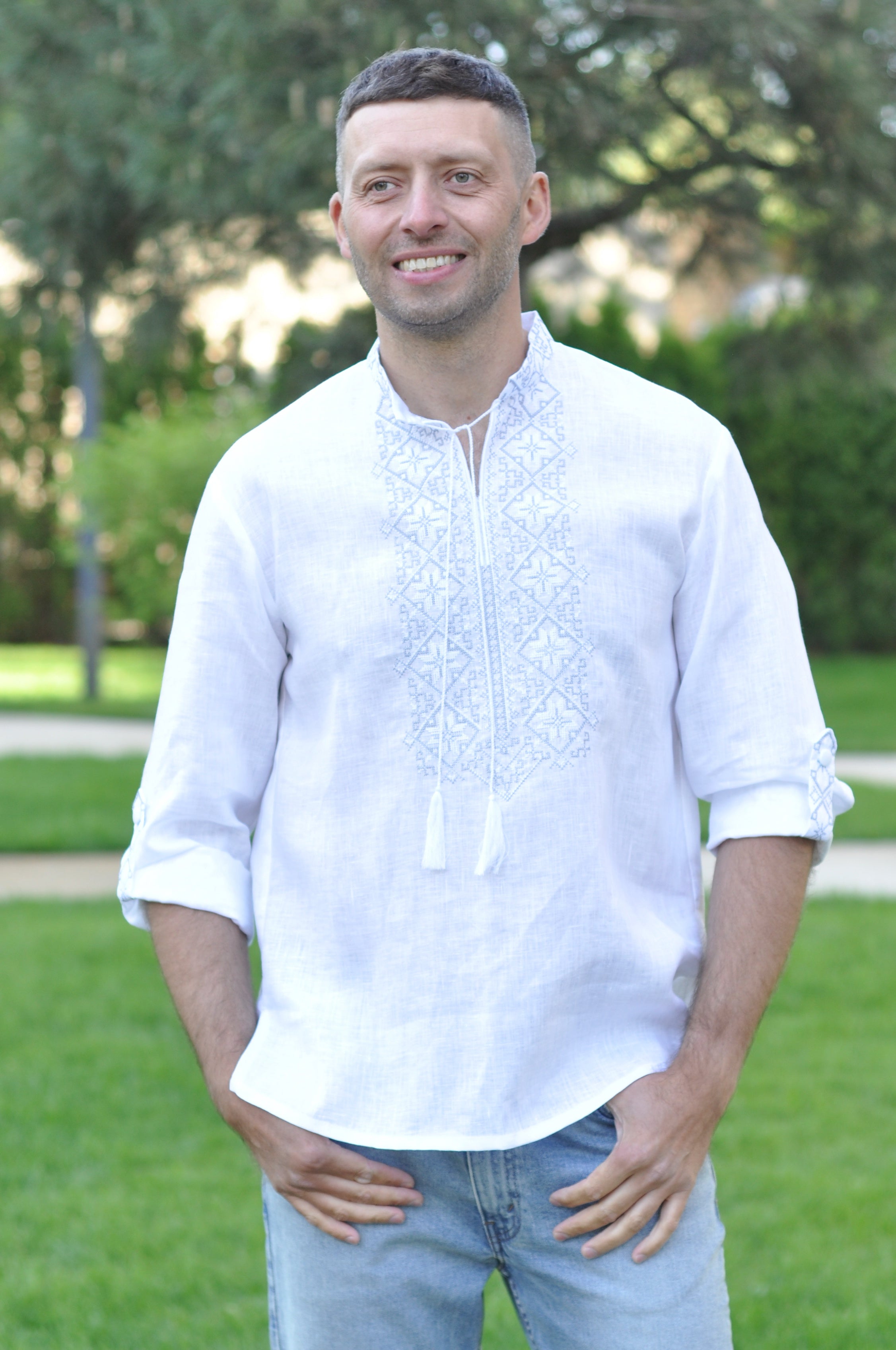 トップス Todayful embroidery shirt White White Mens Vyshyvanka Ukrainian Embroidered Long Sleeve Shirt