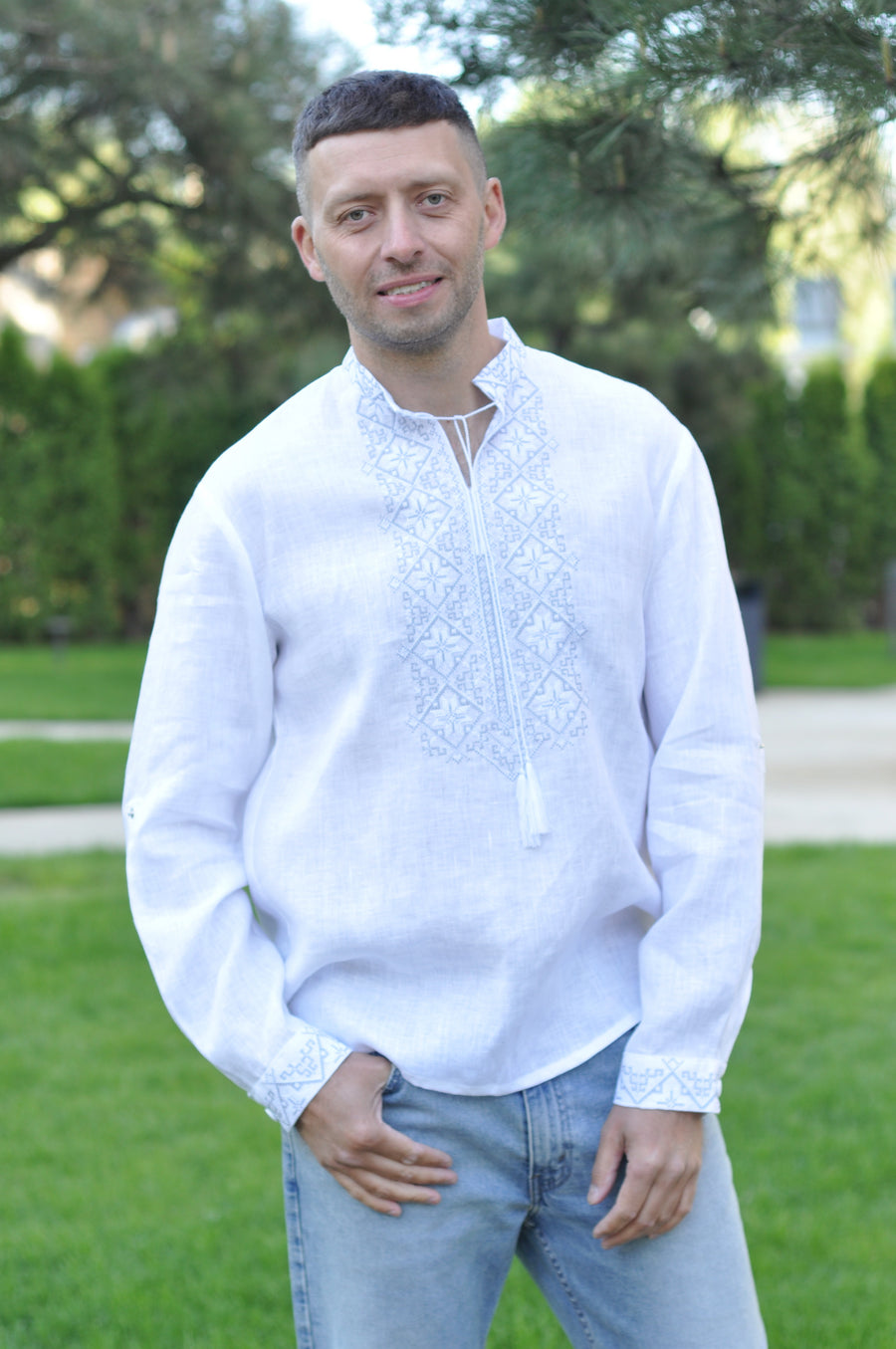 White Mens Vyshyvanka Ukrainian Embroidered Long Sleeve Shirt  Vyshyvanka  by Masik Valeriy