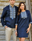 Navy Linen Couple Set: Men’s Embroidered Shirt & Women’s Mini Dress