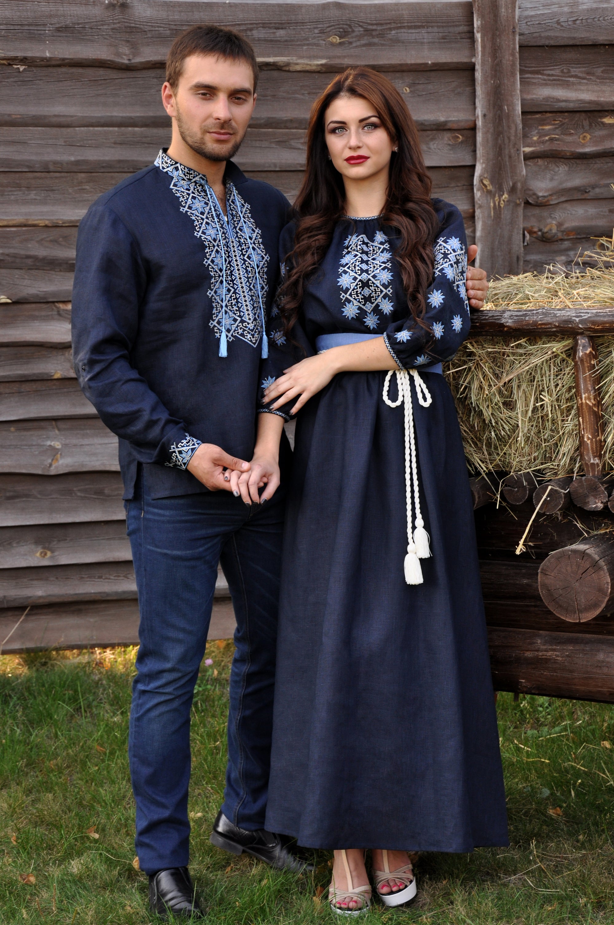 Matching navy linen couple set with men’s embroidered shirt and women’s embroidered maxi dress