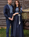 Matching navy linen couple set with men’s embroidered shirt and women’s embroidered maxi dress