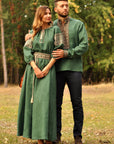 Matching green linen couple set with men’s embroidered shirt and women’s embroidered maxi dress