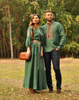 Forest-green embroidered outfit for couples with geometric ornament