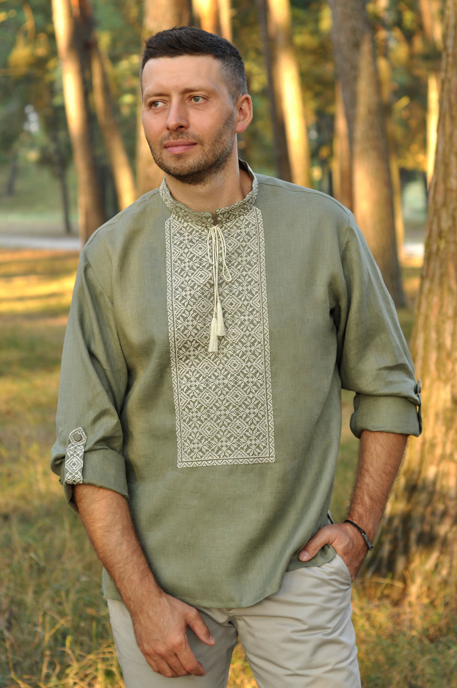 Vyshyvanka for man with natural material in khaki color