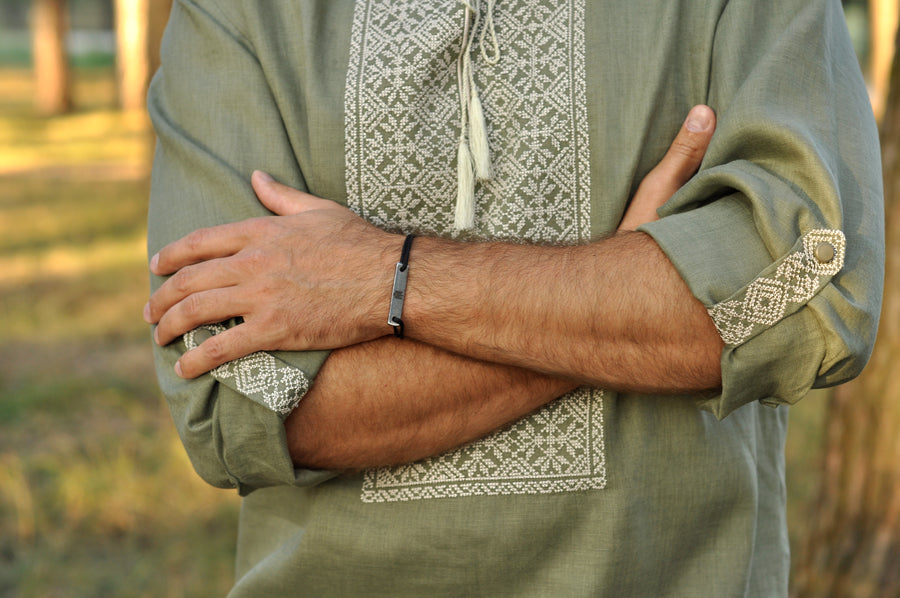 Vyshyvanka for man with natural material in khaki color