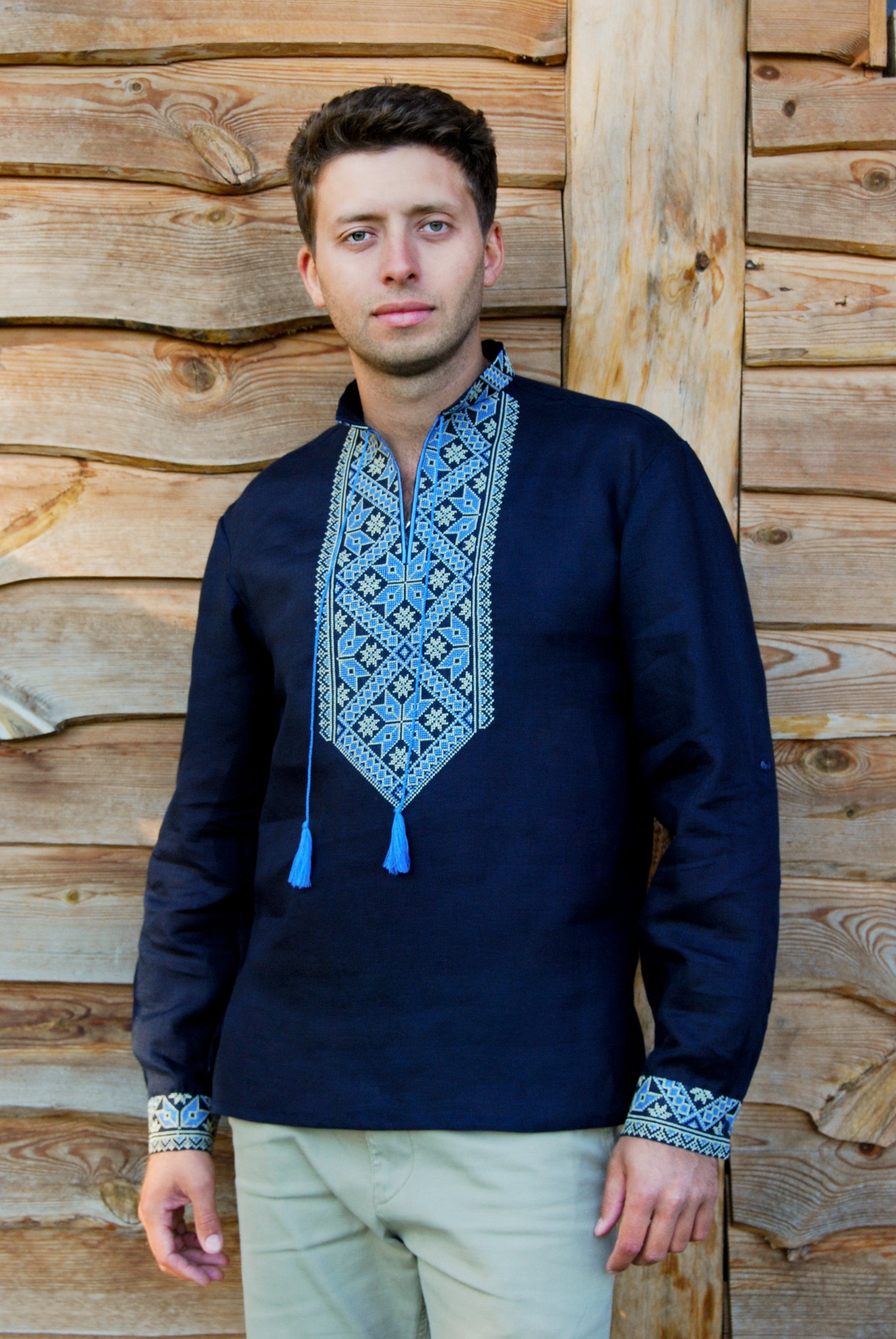 Men’s Dark Blue Linen Embroidered Shirt with Geometric Pattern | Transformable Sleeve Vyshyvanka