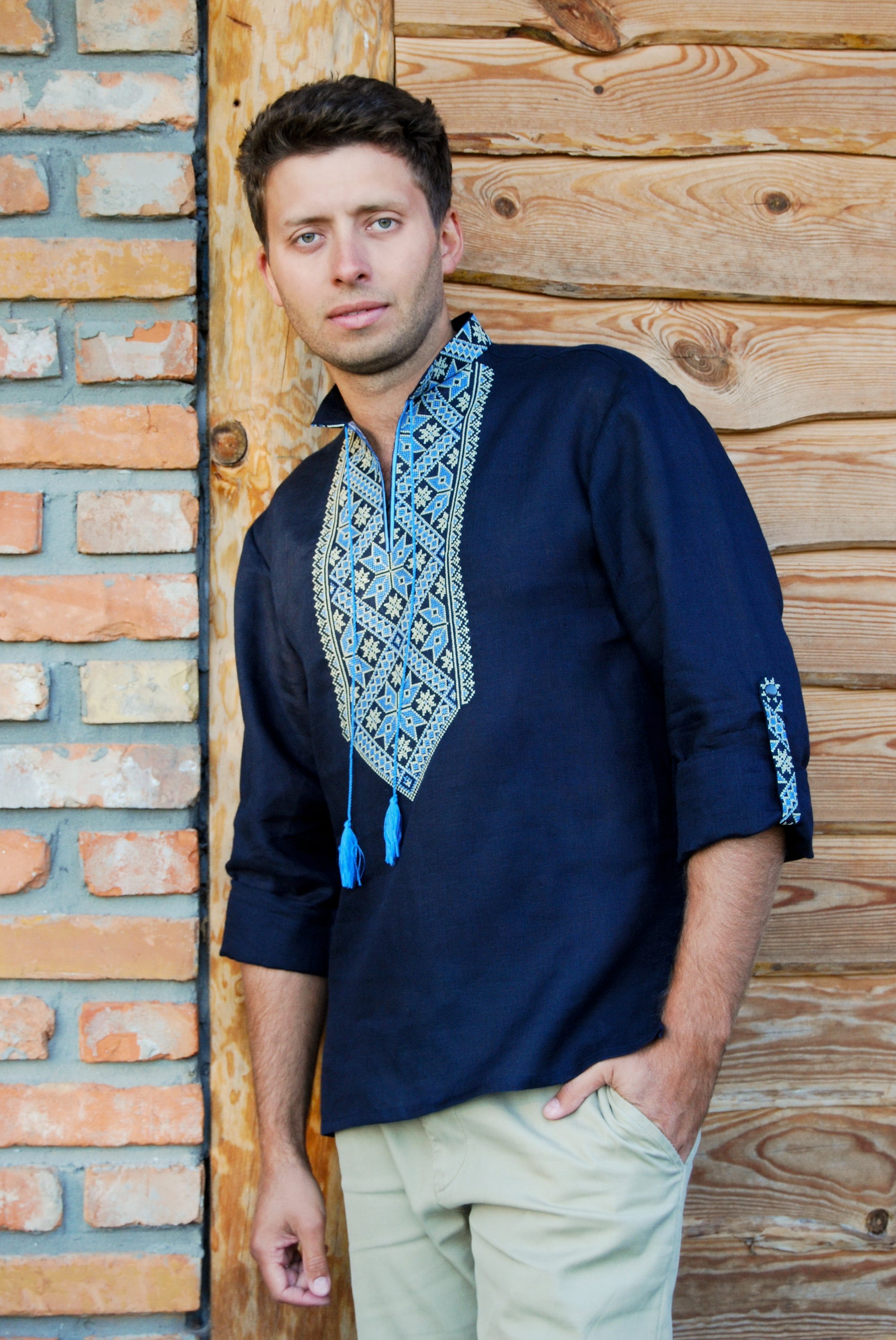 Men’s Dark Blue Linen Embroidered Shirt with Geometric Pattern | Transformable Sleeve Vyshyvanka