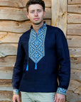 Men’s Dark Blue Linen Embroidered Shirt with Geometric Pattern | Transformable Sleeve Vyshyvanka