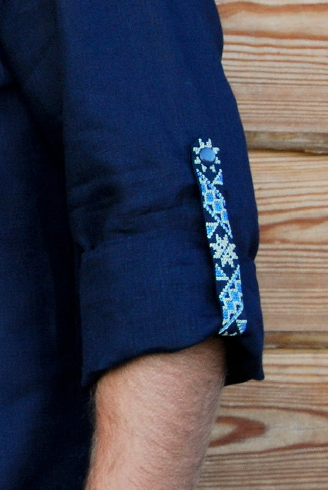 Men’s Dark Blue Linen Embroidered Shirt with Geometric Pattern | Transformable Sleeve Vyshyvanka