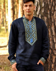Men’s Dark Blue Linen Embroidered Shirt with Geometric Pattern | Transformable Sleeve Vyshyvanka