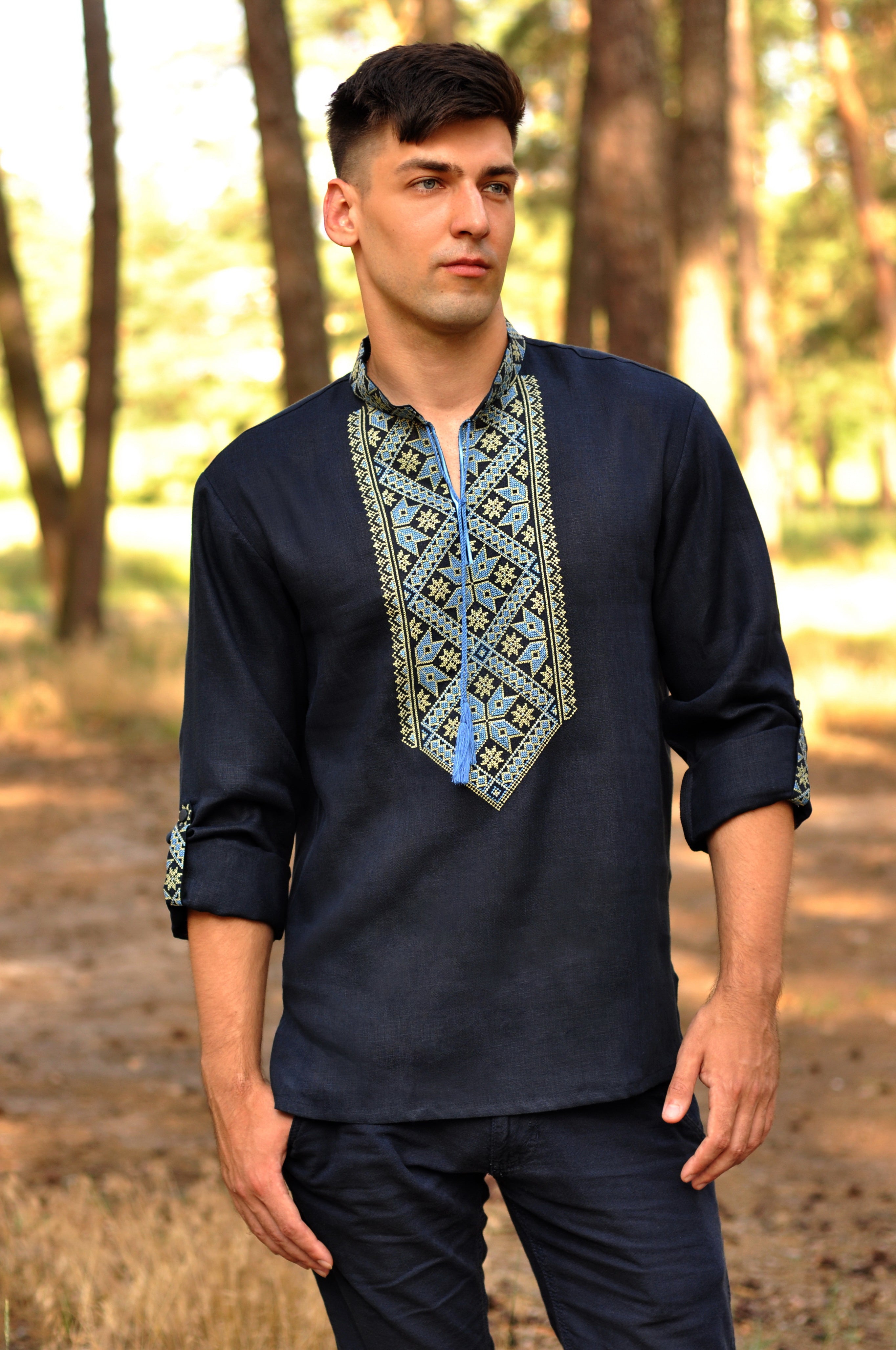 Men's Dark Blue Linen Embroidered Shirt with Geometric Pattern