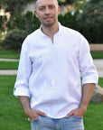 Men’s white embroidered linen shirt with transformable sleeves