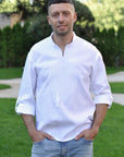 White Linen Men’s Vyshyvanka with White-on-White Geometric Embroidery