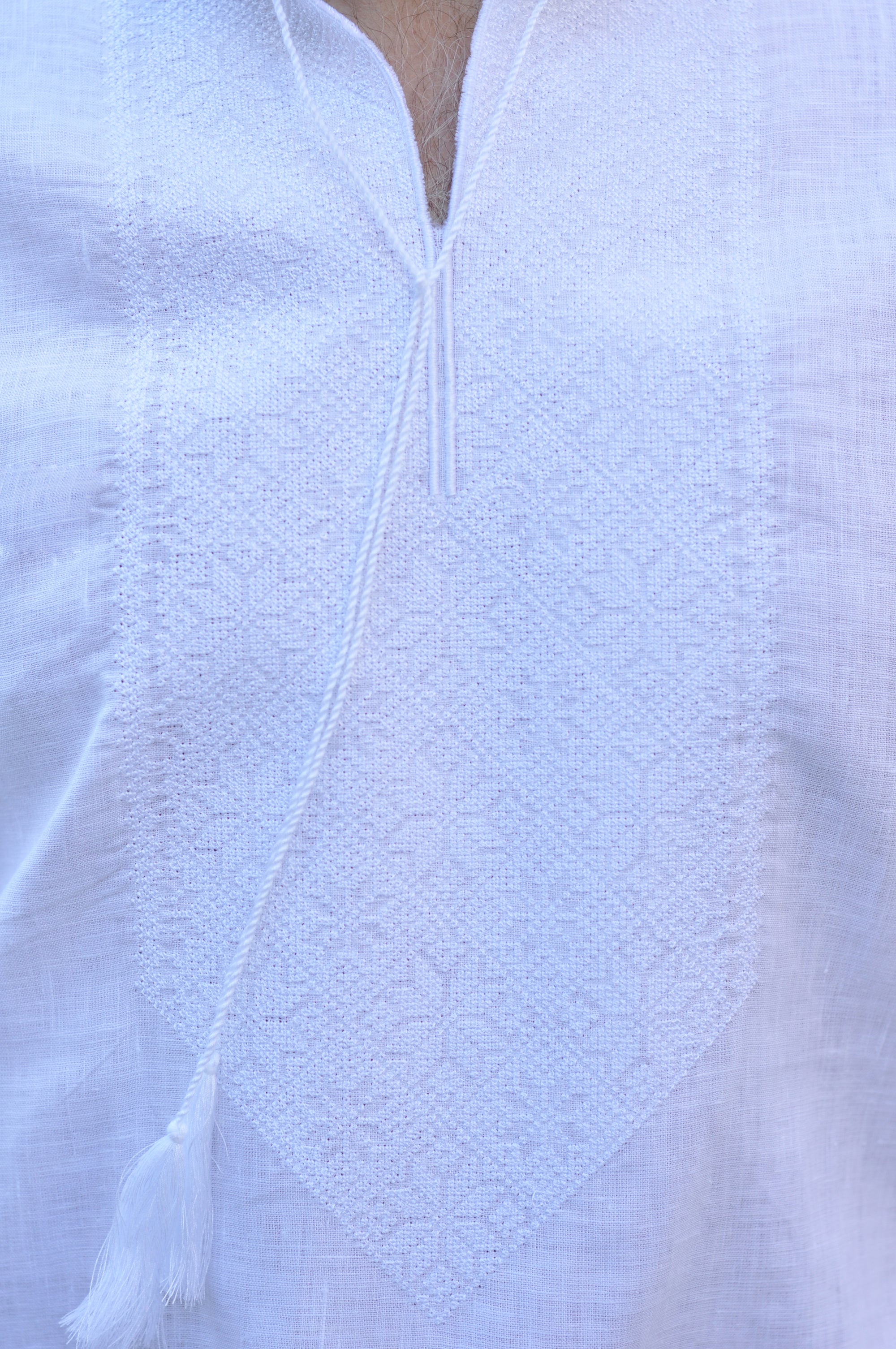 White Linen Men’s Vyshyvanka with White-on-White Geometric Embroidery