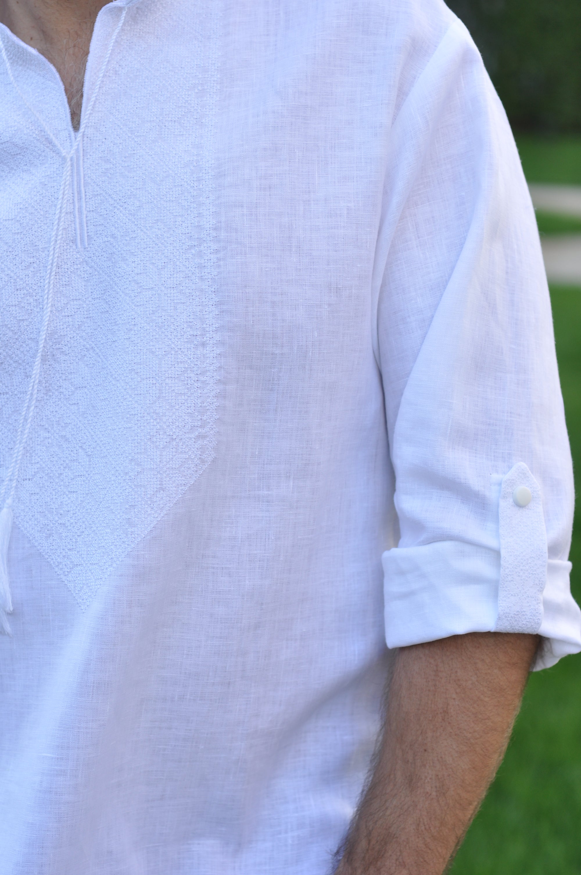 White Linen Men’s Vyshyvanka with White-on-White Geometric Embroidery