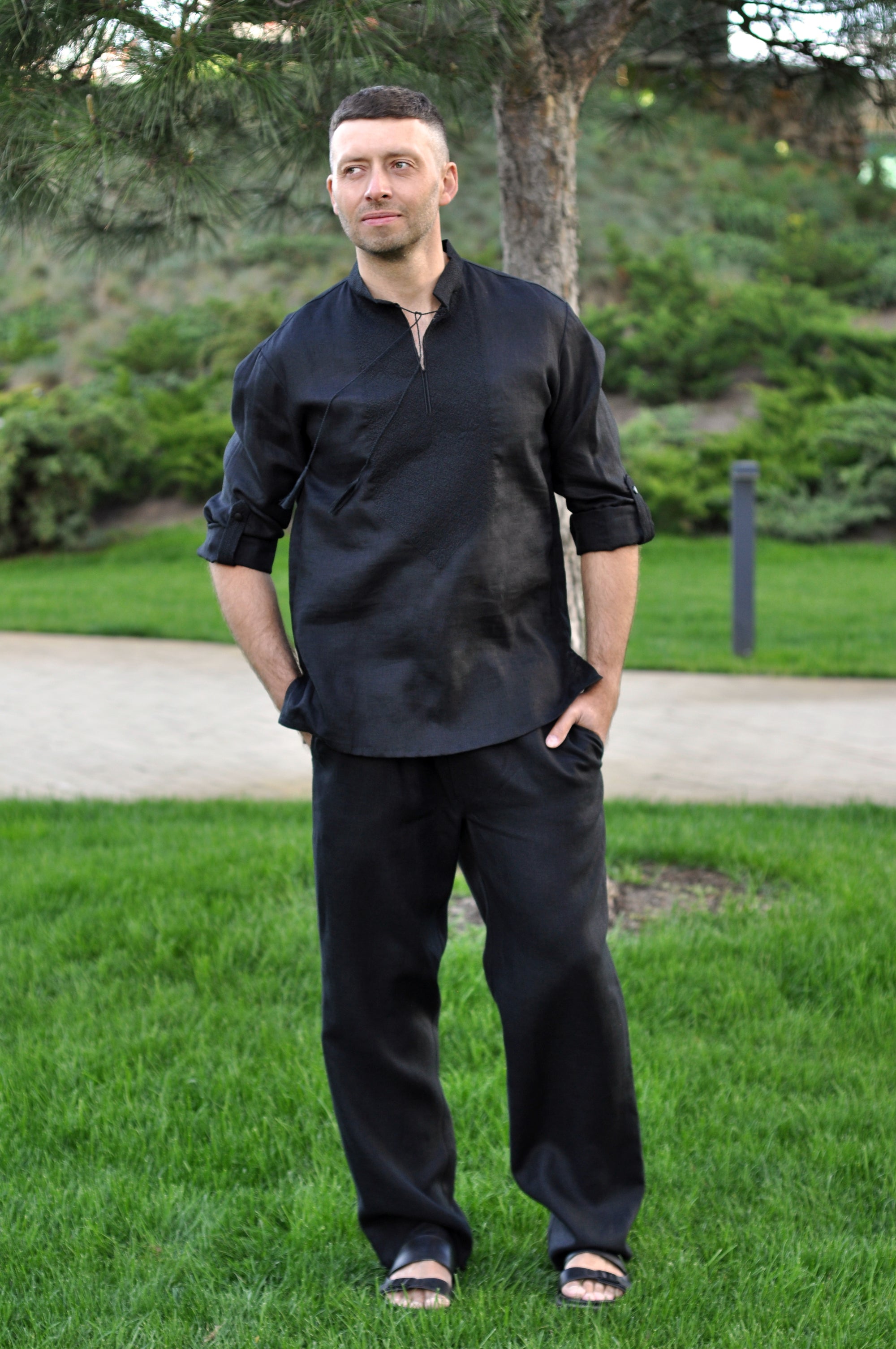 Black men’s linen vyshyvanka with black-on-black embroidery and transformable long sleeves