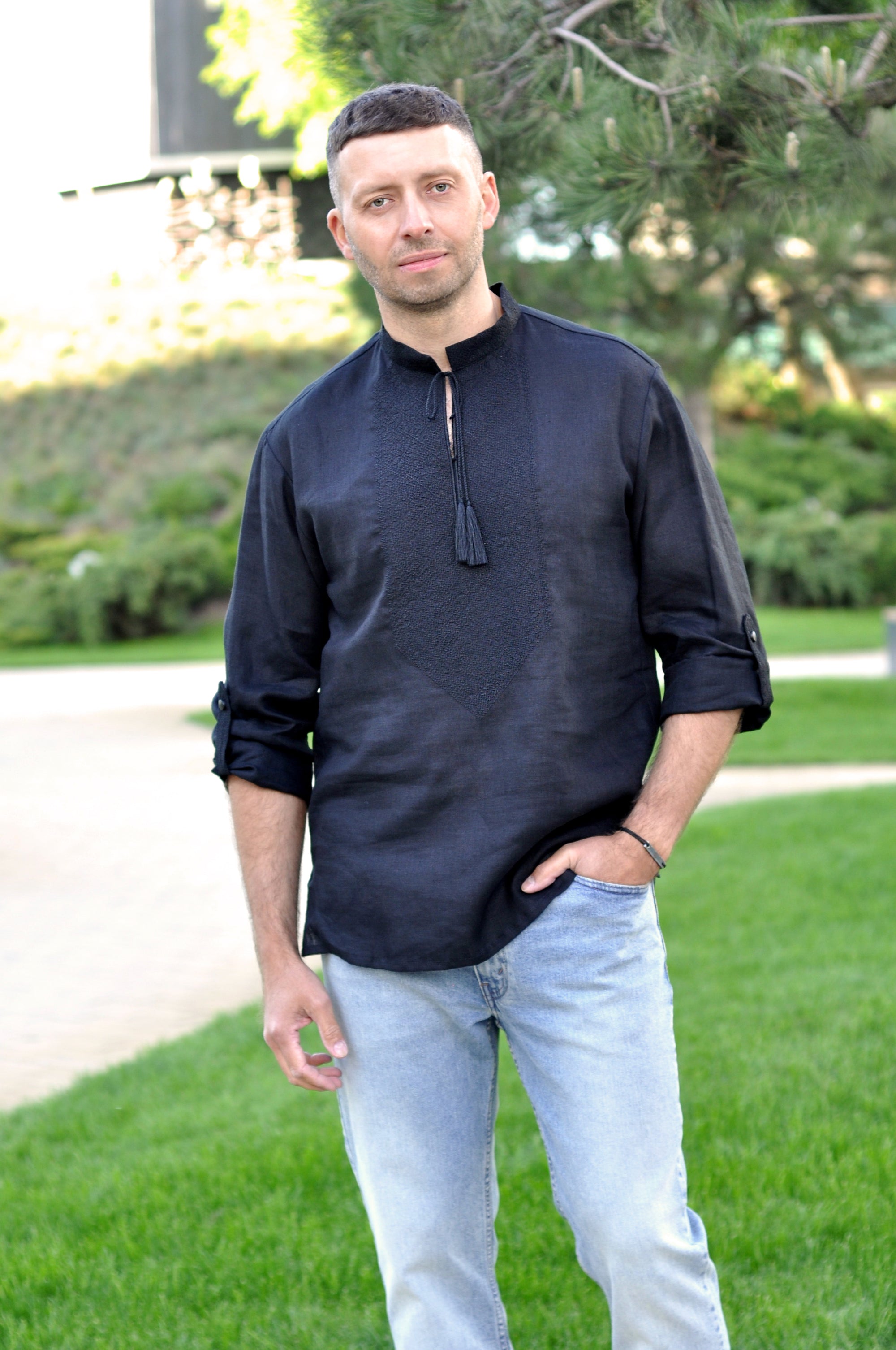 Black men’s linen vyshyvanka with black-on-black embroidery and transformable long sleeves